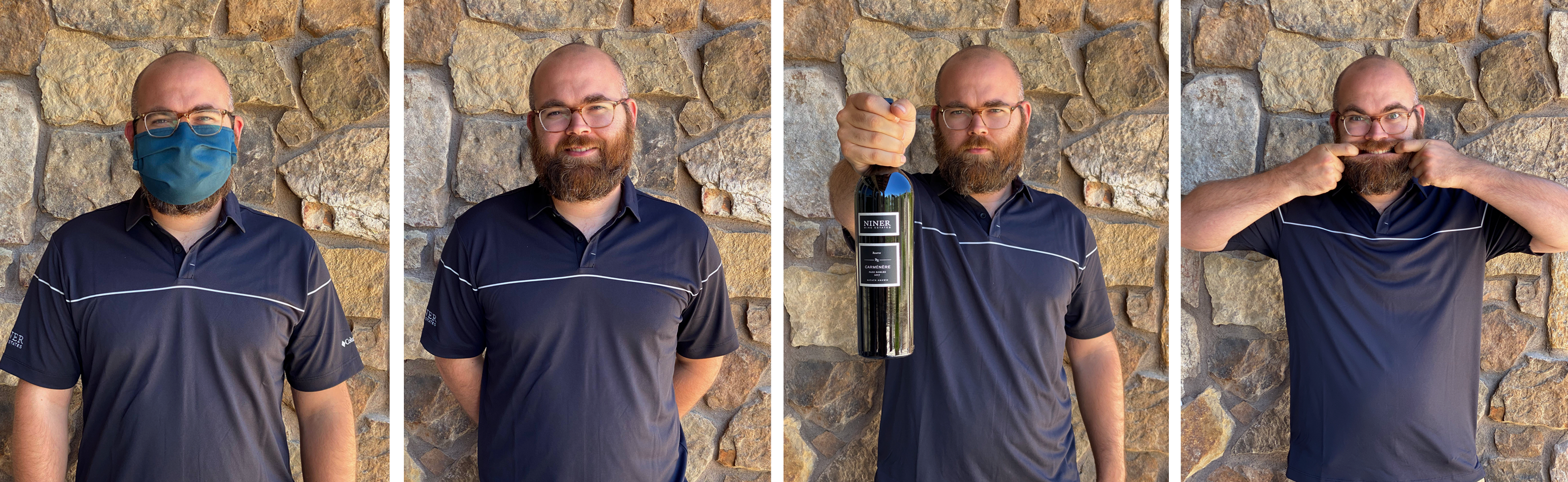 4 photos lined up: Eric in a mask, Eric smiling, Eric holding a bottle of Carmenere and Eric Making a funny face.