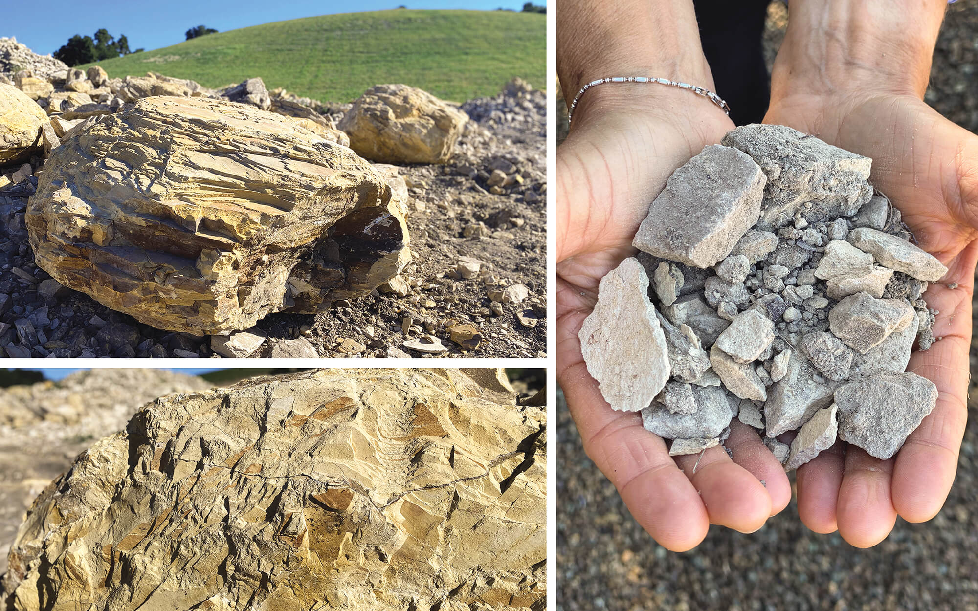 Three different photos showing the soil type at Heart Hill Vineyard