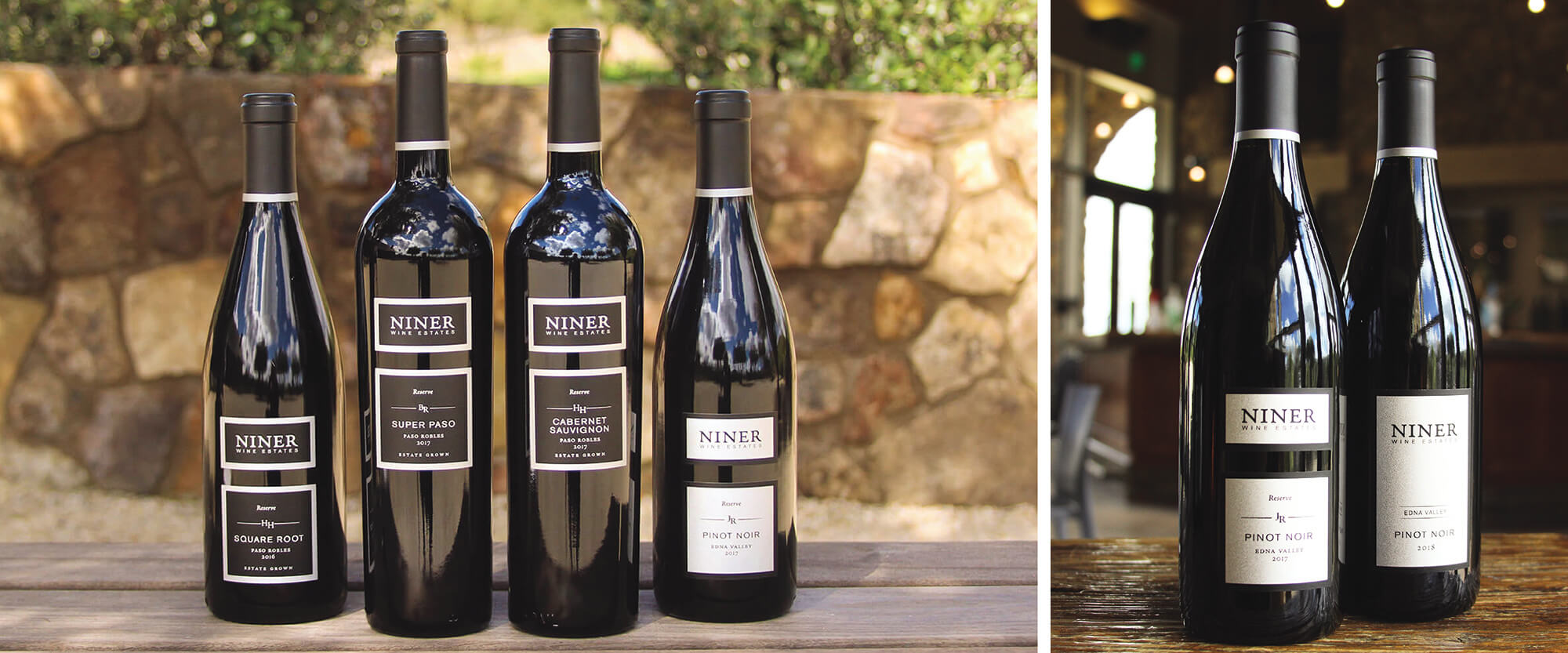 Left; reserve bottles in the shipment: Square Root, Super Paso, Cabernet Sauvignon, Pinot Noir. Right; Reserve Pinot Noir and Estate Pinot Noir