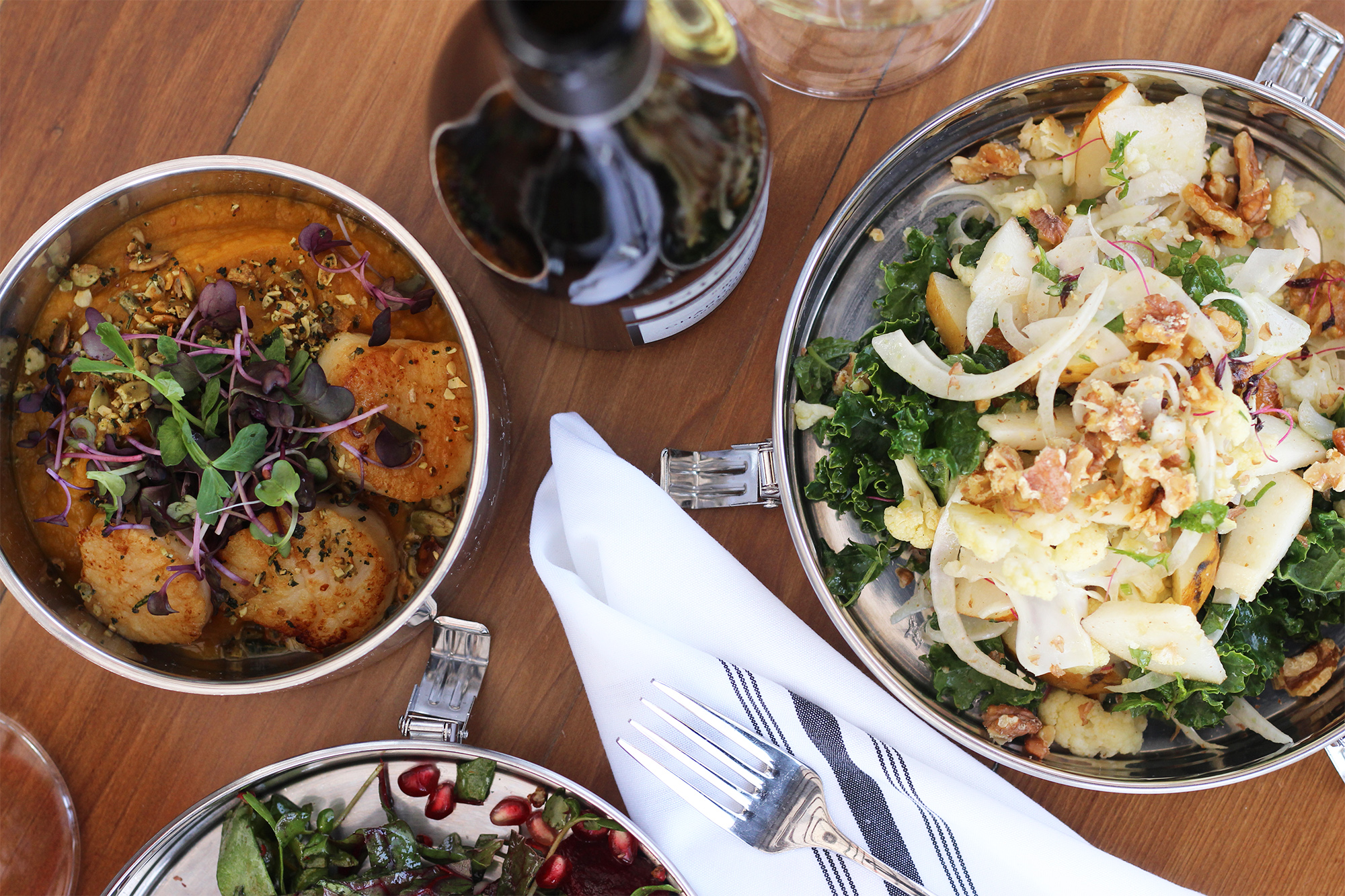 Dishes on our Fall menu: scallops, chopped garden salad, pear salad.