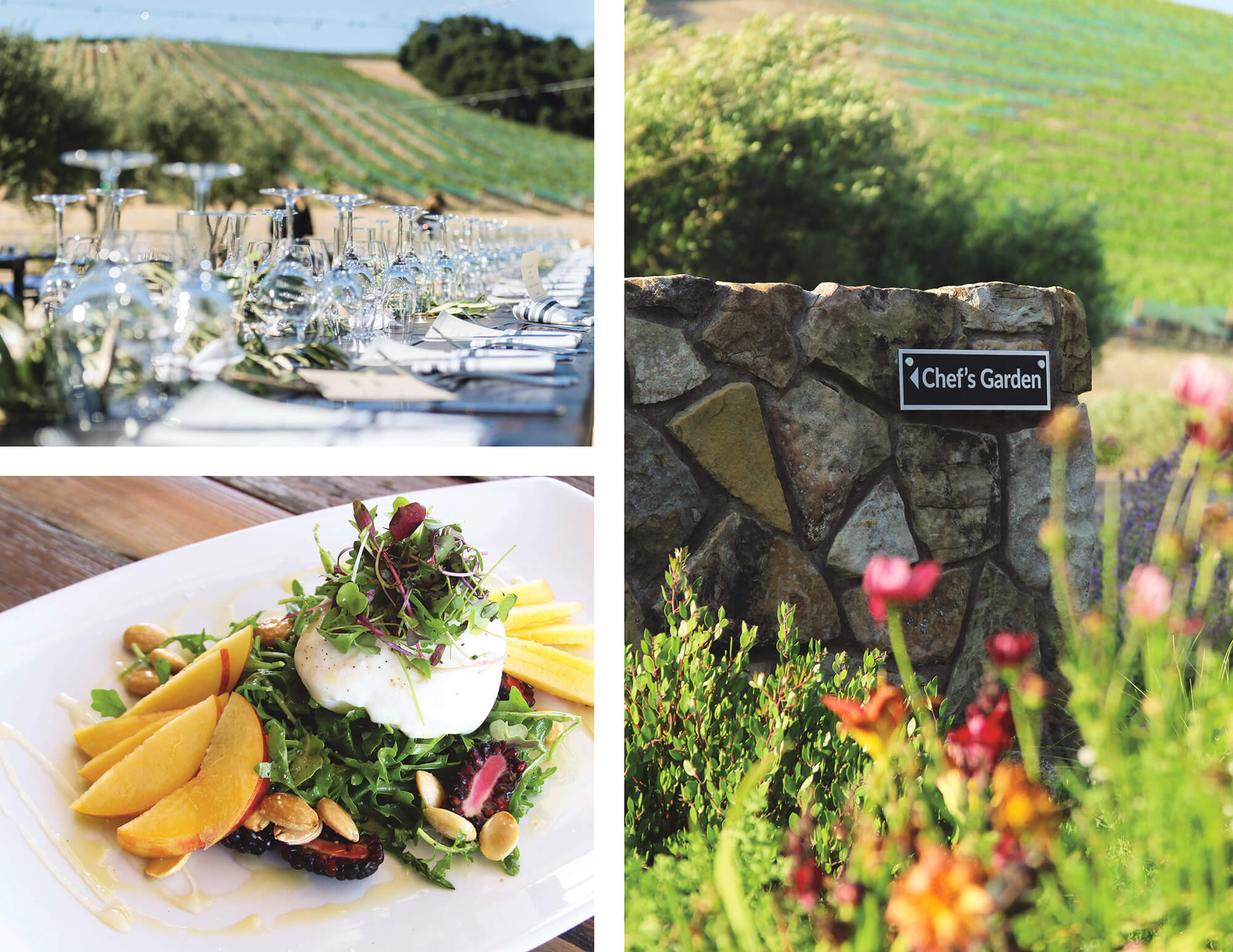 From Left: a table set for a wedding in front of heart hill; a sign for our Chef's Garden; a nectarine salad
