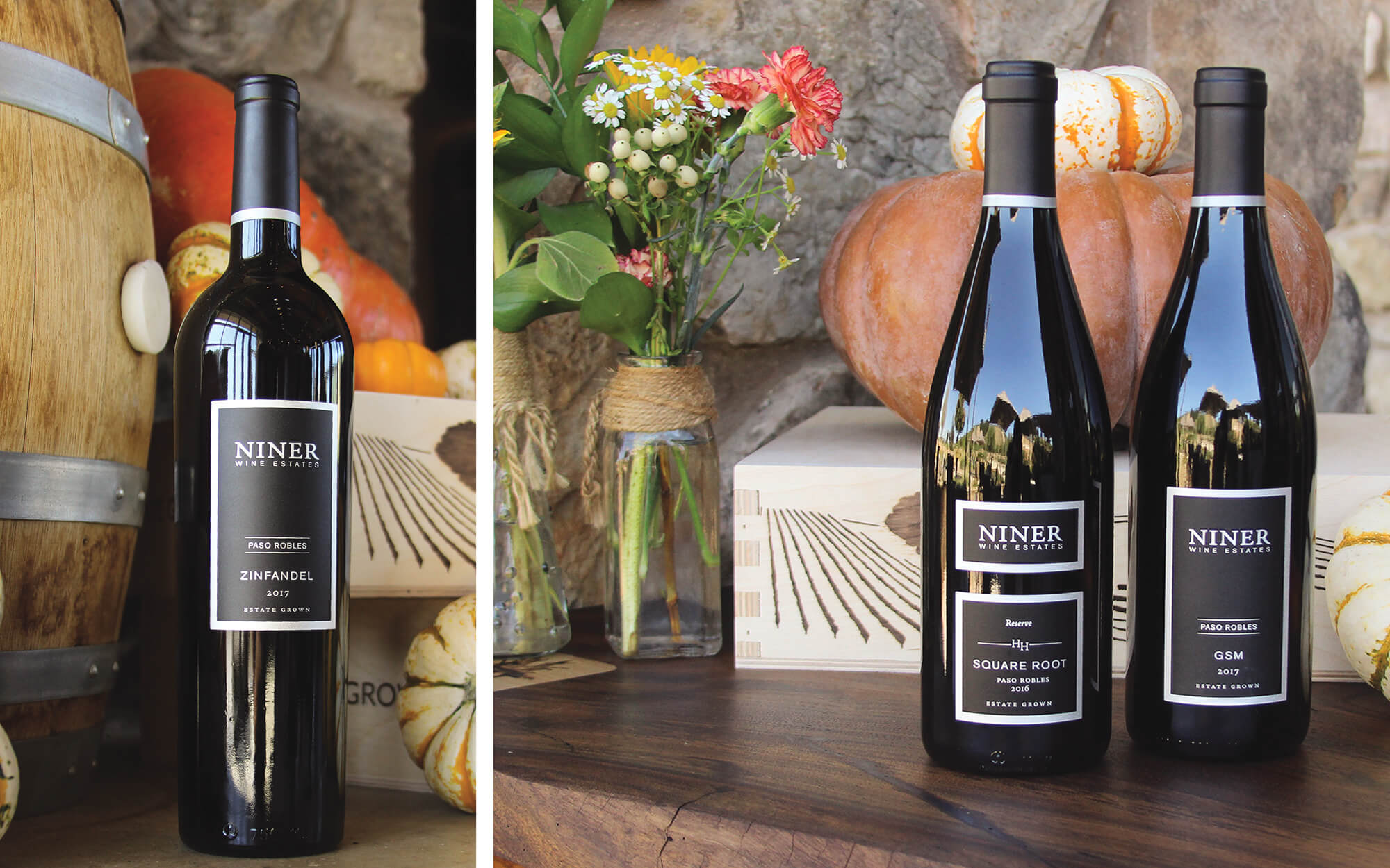 Zinfandel, Square Root and GSM bottles with fall decor in the background