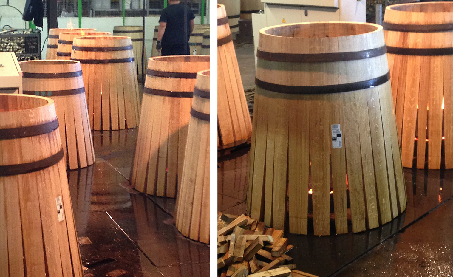 Left: partially shaped barrels being fired at a cooperage; Right: a close up of a partially shaped barrel sitting over a flame