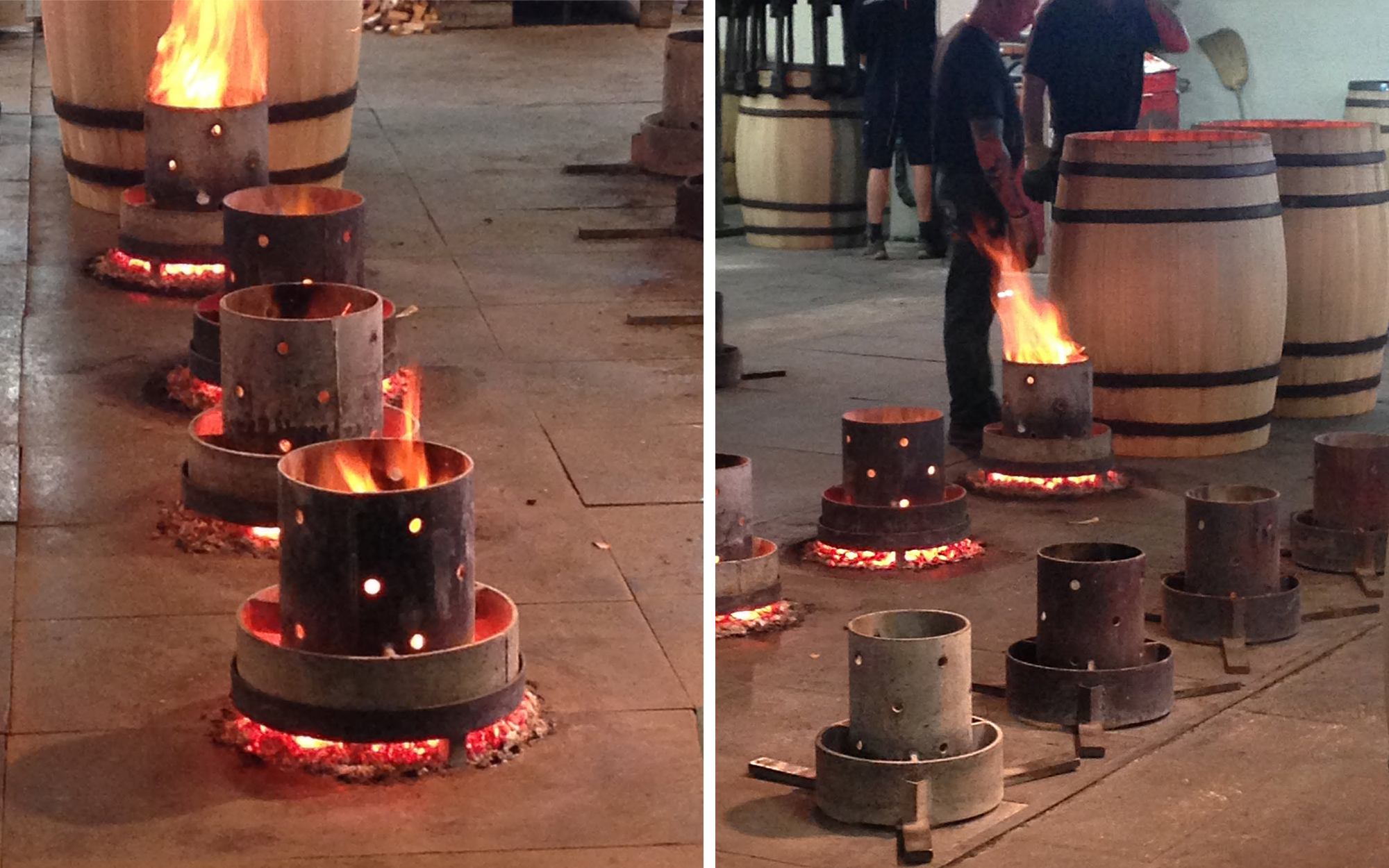 Left: A fully shape barrel being toasted over a flame; Right: a Cooper checks the toast level on a barrel over a flame. 